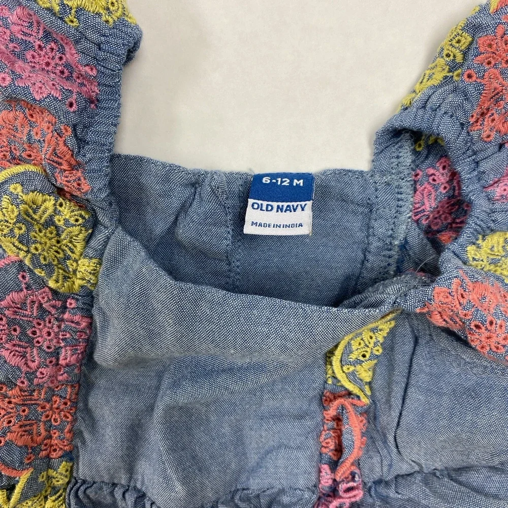 Old Navy Baby Girl Jean Romper Chambray Eyelet Ruffled 6-12 Months